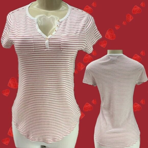 Chaps XS Red-White Striped Split Neck Pocket Cotton Curved Hem Short Sleeve Top - Picture 1 of 6